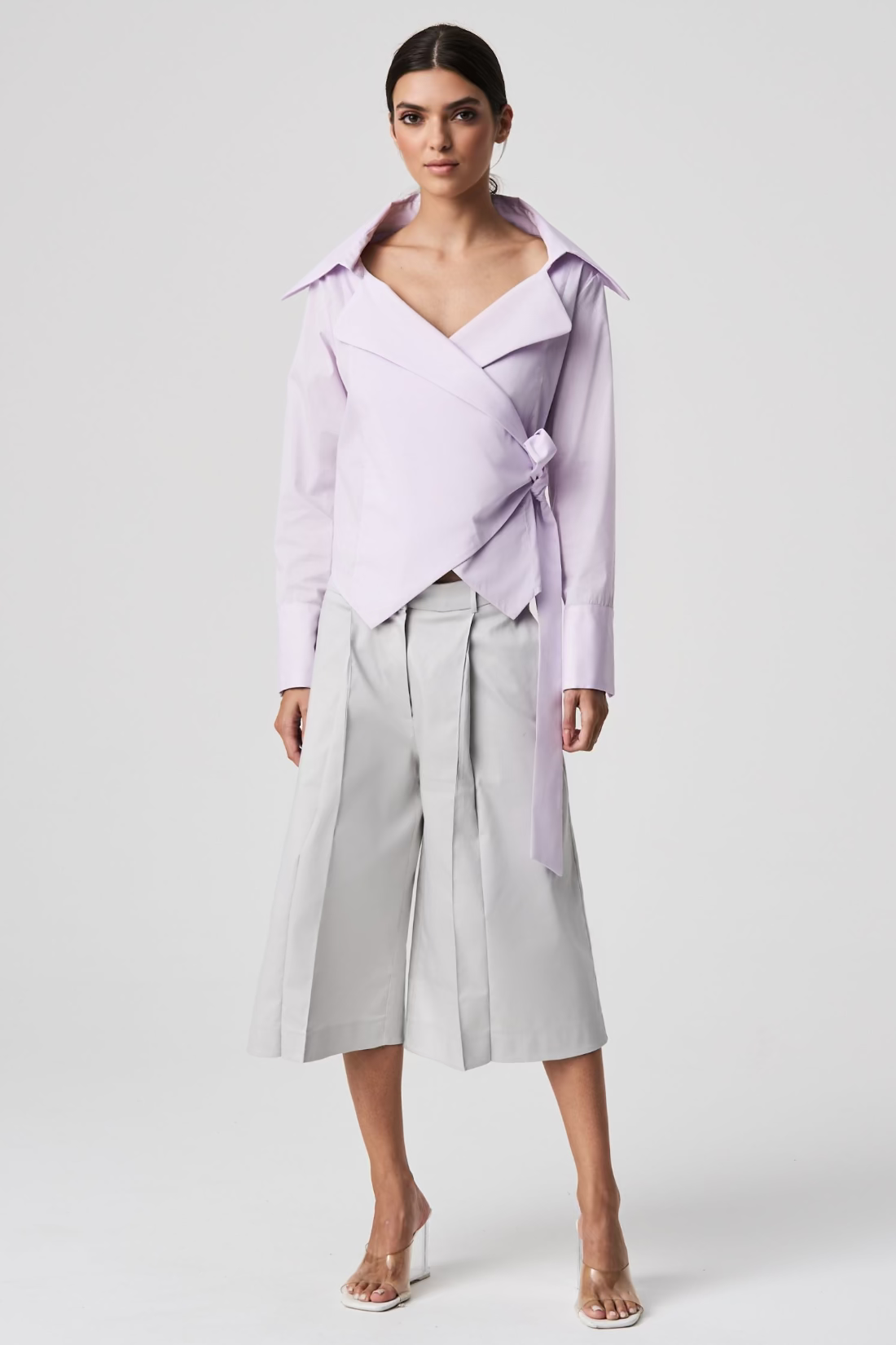 light purple blouse and gray wide-leg pants