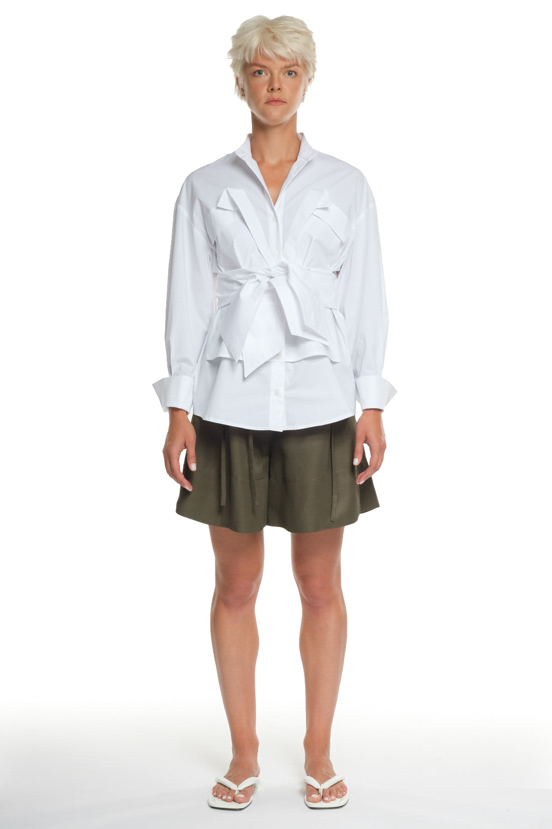 LONG SLEEVE COTTON SHIRT WITH DOUBLE BELT, TIED ON THE FRONT