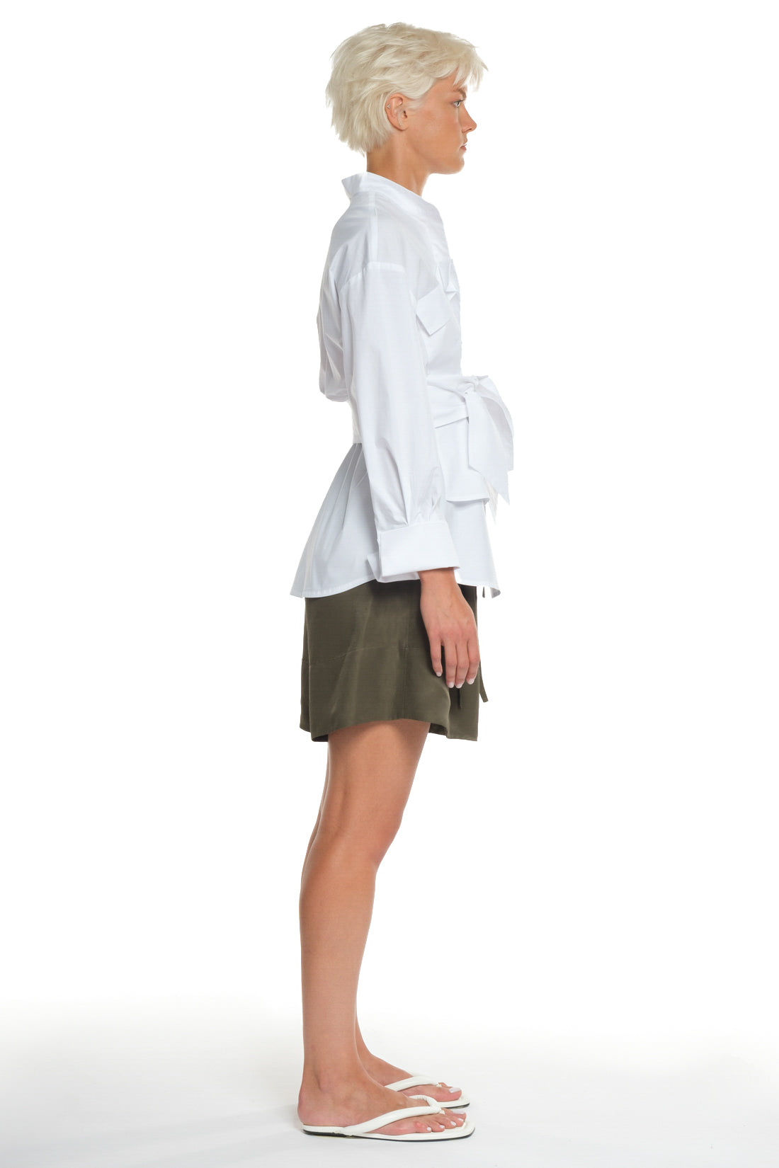 LONG SLEEVE COTTON SHIRT WITH DOUBLE BELT, TIED ON THE FRONT