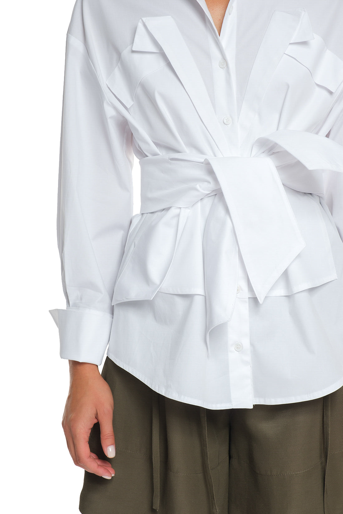 LONG SLEEVE COTTON SHIRT WITH DOUBLE BELT, TIED ON THE FRONT