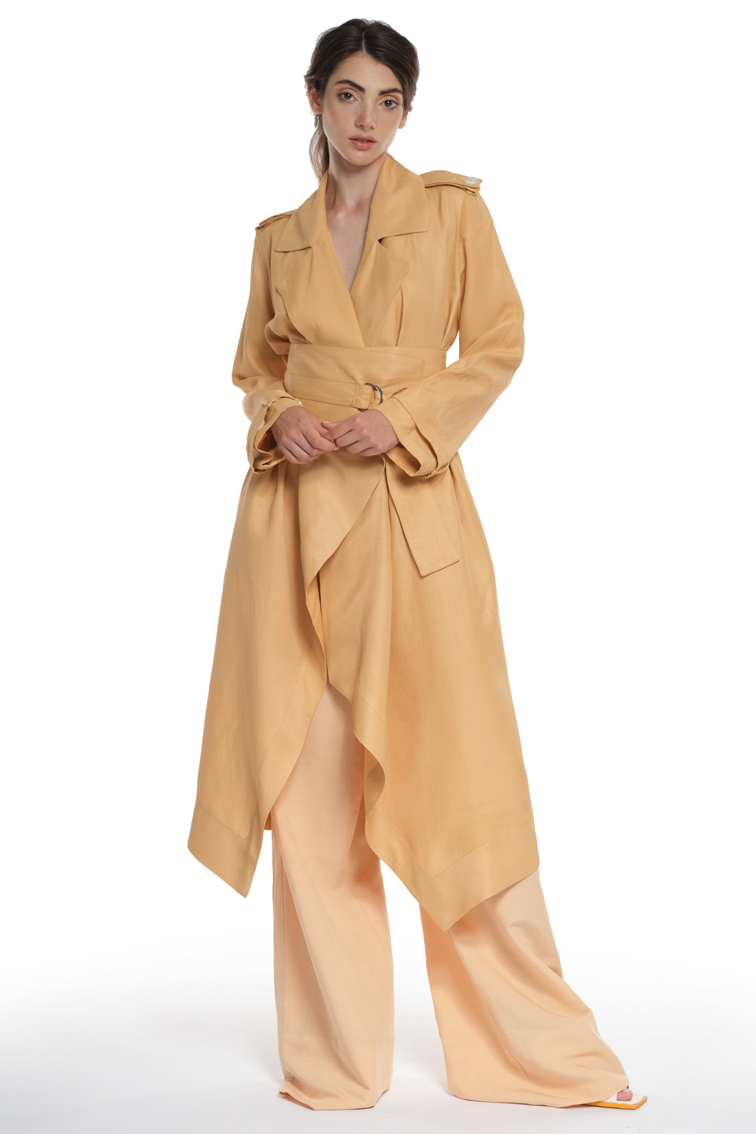 LONG TRENCH DRESS WITH BIG BELT IN THE SAME FABRIC, OPEN COLLAR, OVERLAPPING IN THE FRONT