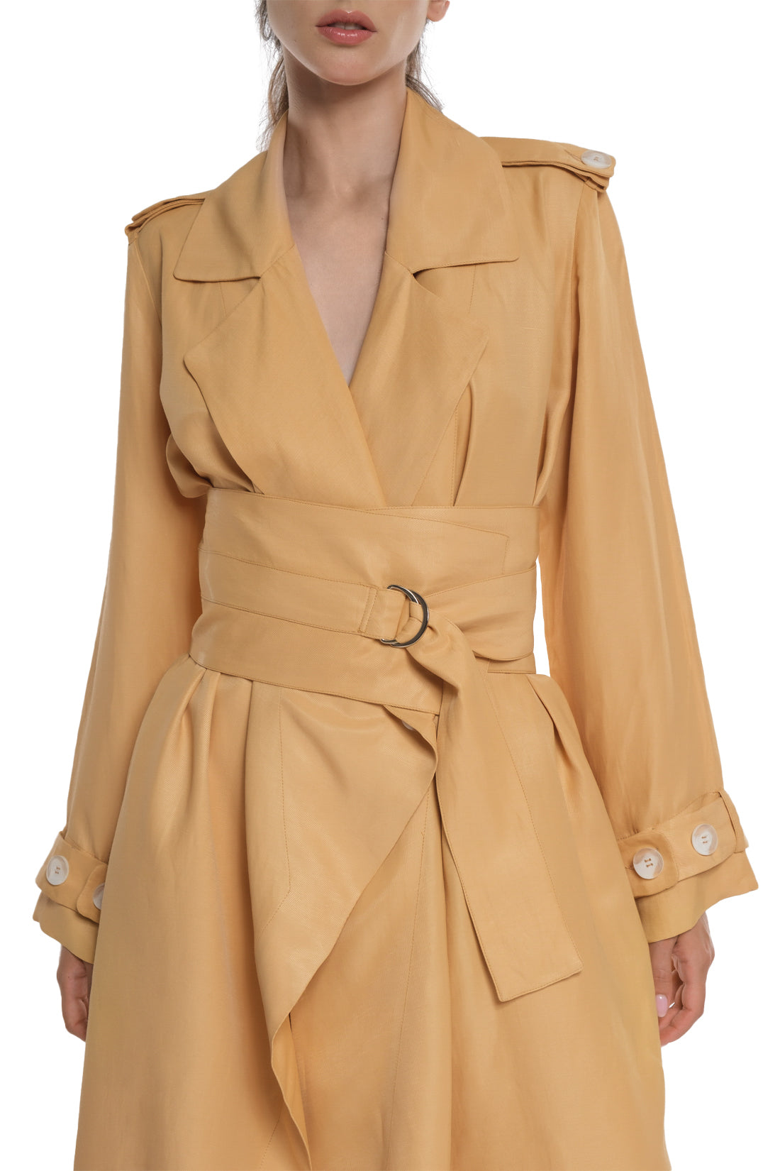 LONG TRENCH DRESS WITH BIG BELT IN THE SAME FABRIC, OPEN COLLAR, OVERLAPPING IN THE FRONT