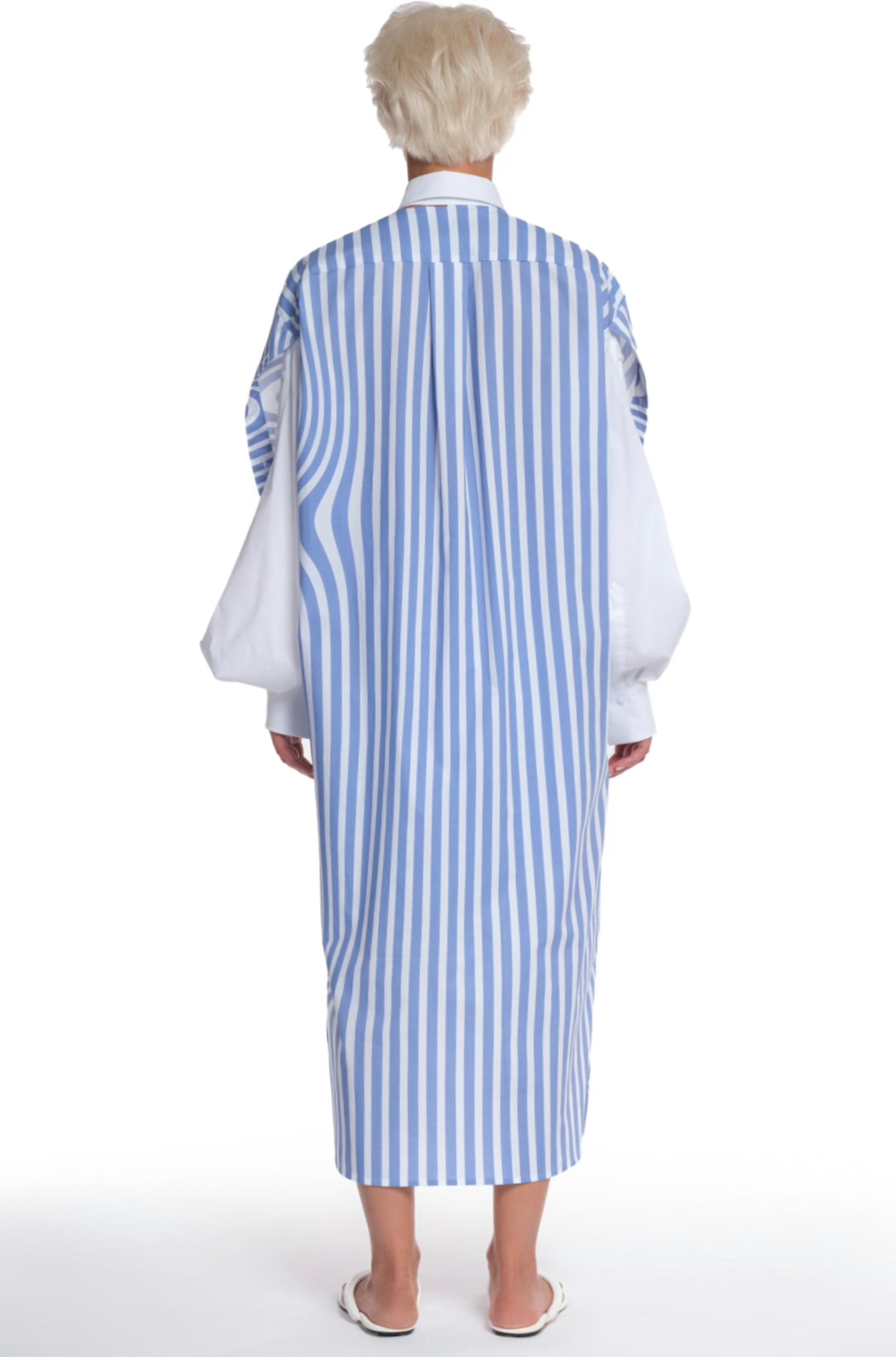 PRINTED LONG COTTON SHIRT WITH LONG SLEEVES WITH CUTTINGS AND BUTTONING, INTERESTING CUT ON THE COLLAR AND LONGER BACK