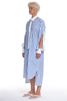 PRINTED LONG COTTON SHIRT WITH LONG SLEEVES WITH CUTTINGS AND BUTTONING, INTERESTING CUT ON THE COLLAR AND LONGER BACK