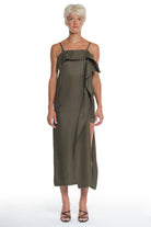 LONG DRESS WITH AN OPENING PART ON THE FRONT LEFT SIDE, ADJUSTABLE STRAPS