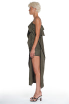 LONG DRESS WITH AN OPENING PART ON THE FRONT LEFT SIDE, ADJUSTABLE STRAPS