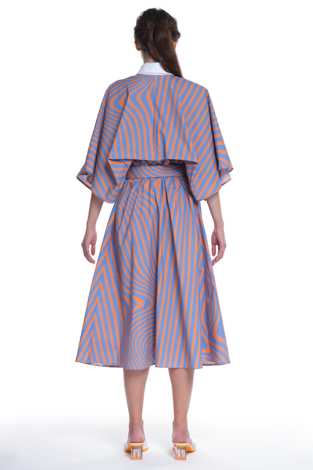 PRINTED LONG SHIRT-DRESS, BUTTONING IN FRONT, HIGH COLLAR, TIED WITH A BELT IN FRONT