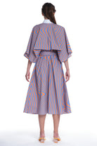 PRINTED LONG SHIRT-DRESS, BUTTONING IN FRONT, HIGH COLLAR, TIED WITH A BELT IN FRONT