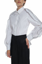 LONG SLEEVE SHIRT WITH BUTTONING ON THE FRONT, HIGH COLLAR, RUFFLED LAYERS ON THE SLEEVES