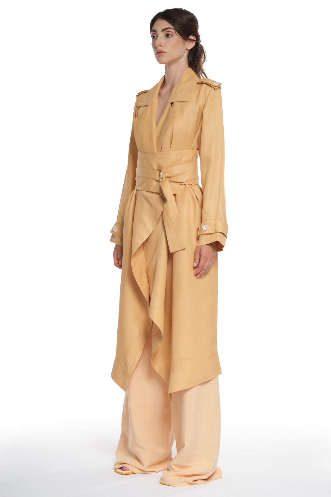 LONG TRENCH DRESS WITH BIG BELT IN THE SAME FABRIC, OPEN COLLAR, OVERLAPPING IN THE FRONT