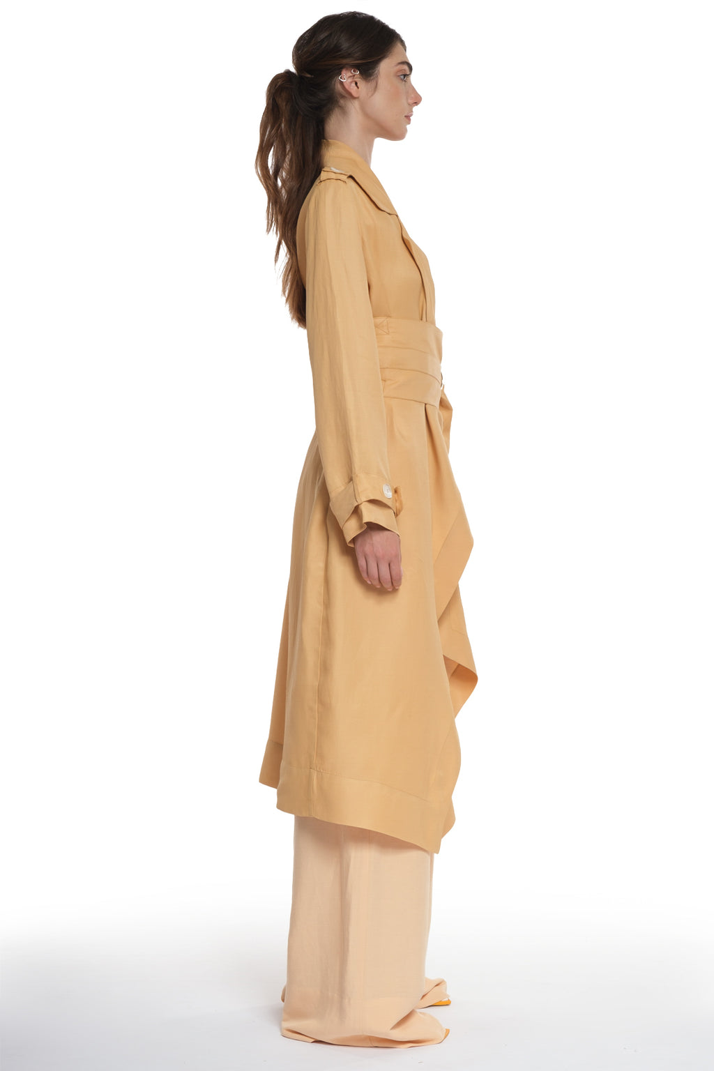LONG TRENCH DRESS WITH BIG BELT IN THE SAME FABRIC, OPEN COLLAR, OVERLAPPING IN THE FRONT