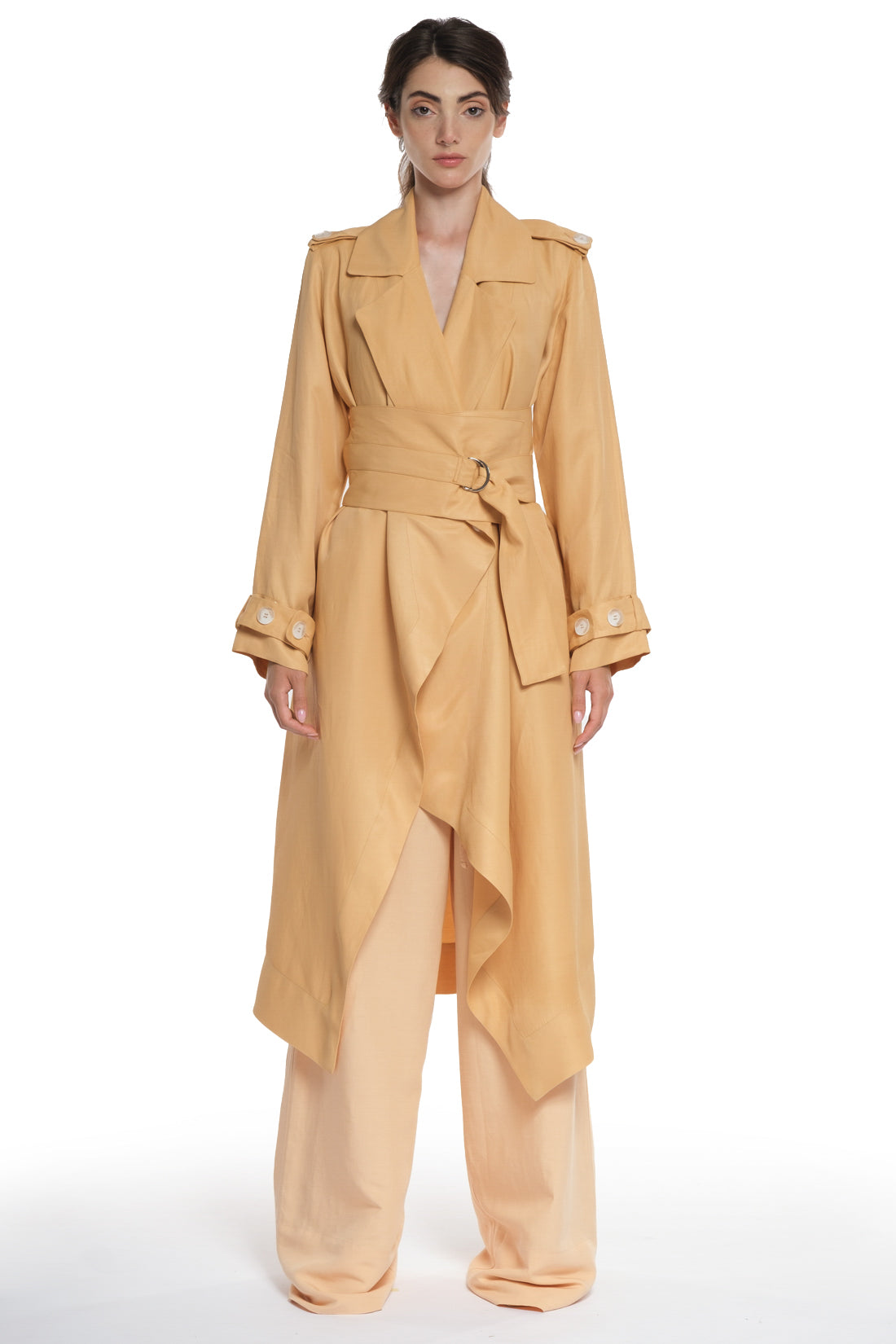 LONG TRENCH DRESS WITH BIG BELT IN THE SAME FABRIC, OPEN COLLAR, OVERLAPPING IN THE FRONT