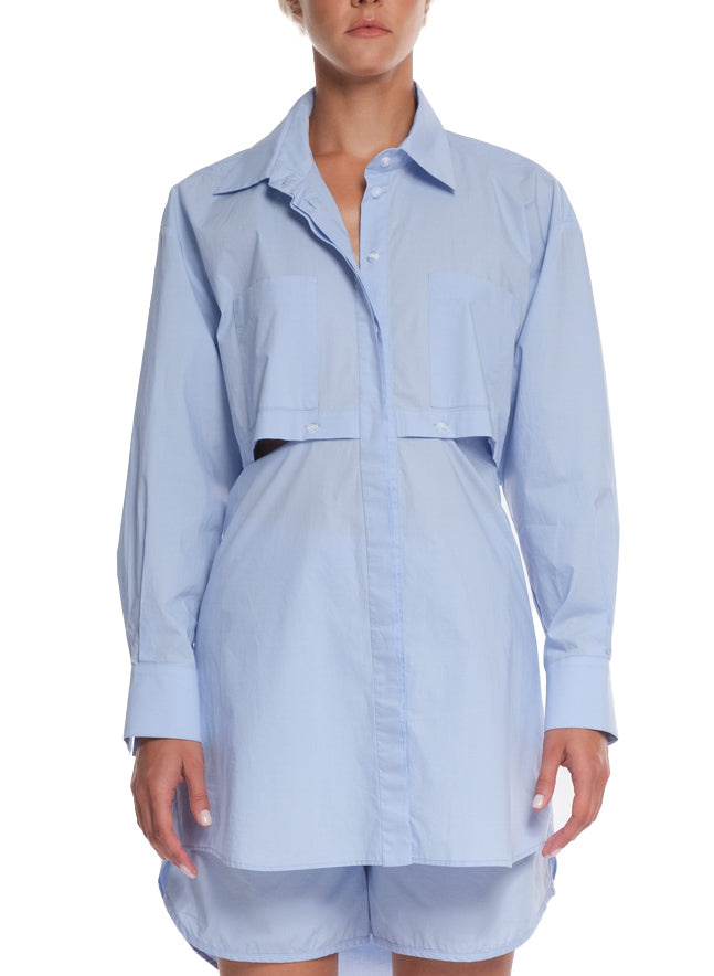 LONG COTTON SHIRT WITH HORIZONTAL BACK CUTTING AND BUTTONING, LONG SLEEVES AND OPEN BACK