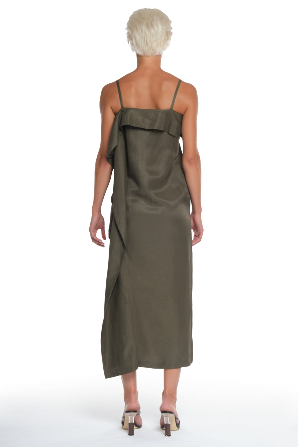 LONG DRESS WITH AN OPENING PART ON THE FRONT LEFT SIDE, ADJUSTABLE STRAPS