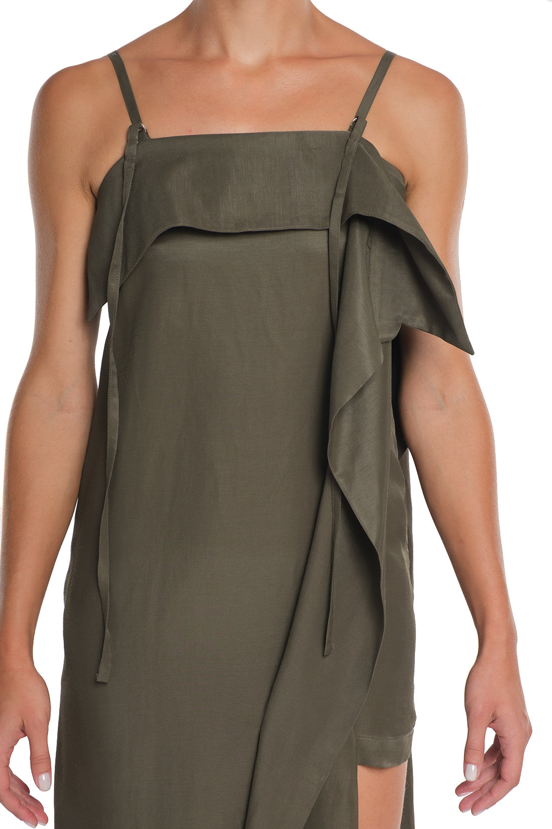 LONG DRESS WITH AN OPENING PART ON THE FRONT LEFT SIDE, ADJUSTABLE STRAPS