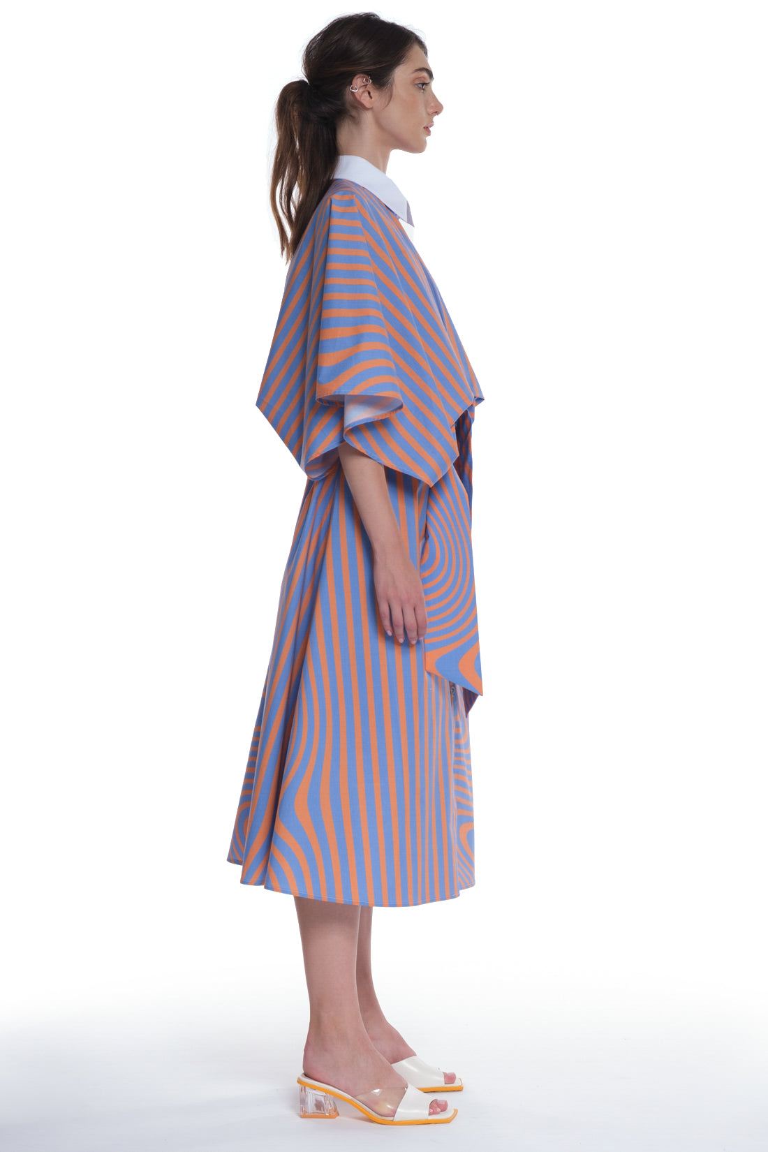 PRINTED LONG SHIRT-DRESS, BUTTONING IN FRONT, HIGH COLLAR, TIED WITH A BELT IN FRONT