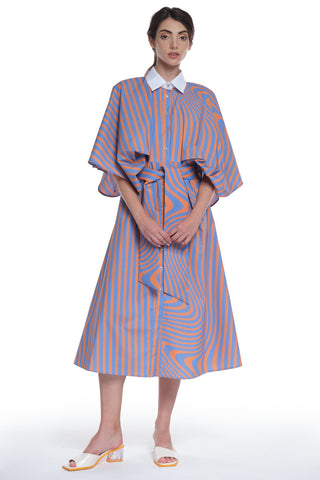PRINTED LONG SHIRT-DRESS, BUTTONING IN FRONT, HIGH COLLAR, TIED WITH A BELT IN FRONT