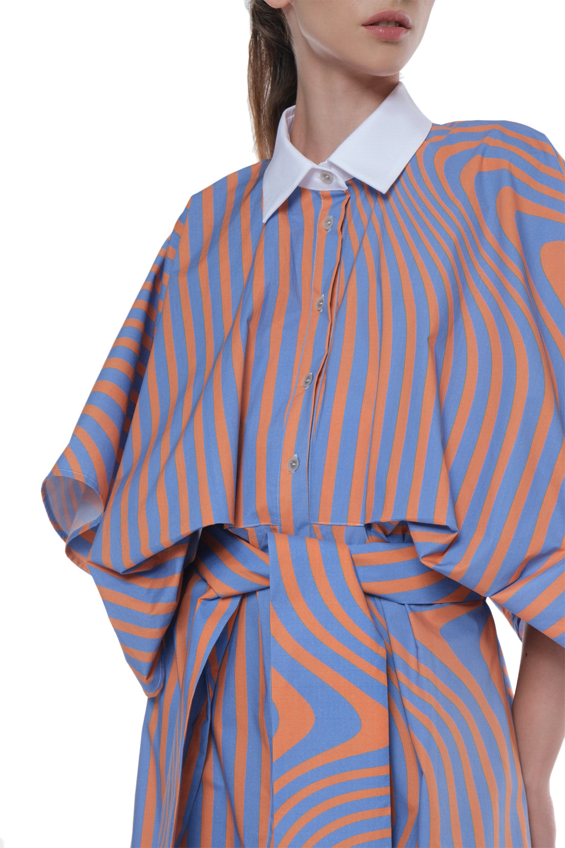PRINTED LONG SHIRT-DRESS, BUTTONING IN FRONT, HIGH COLLAR, TIED WITH A BELT IN FRONT