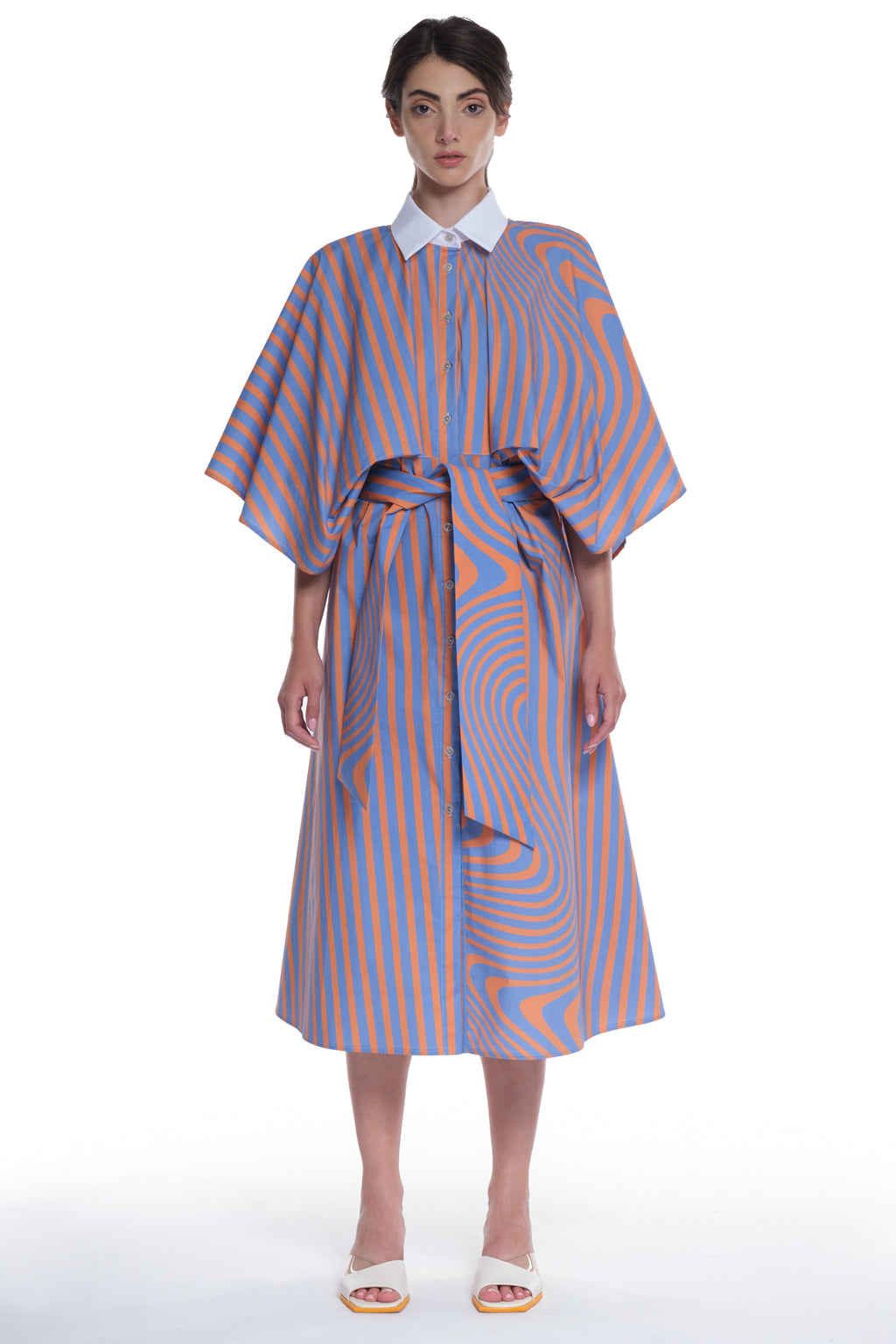 PRINTED LONG SHIRT-DRESS, BUTTONING IN FRONT, HIGH COLLAR, TIED WITH A BELT IN FRONT